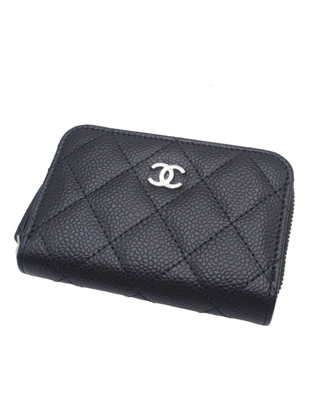 Chanel Classic Zip Coin Purse Quilted CC Logo Black Caviar Leather Displayed